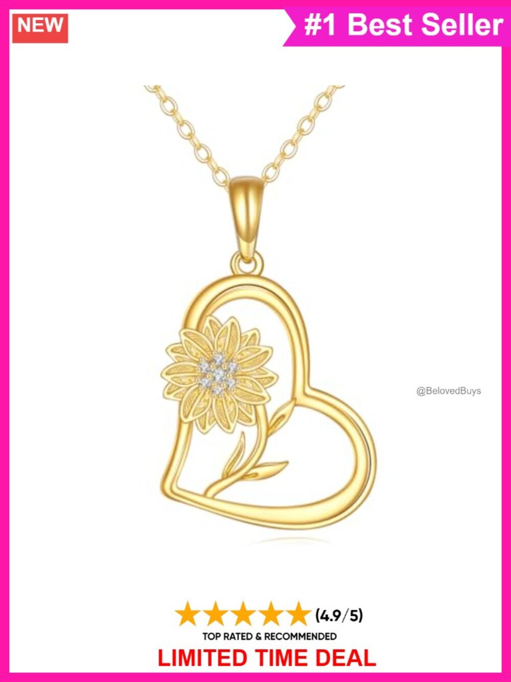 14k Yellow Gold Sunflower Pendant Necklace 16-18" Adjustable Chain